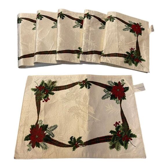 Set of 6 Holly Poinsettia placemats St. Nicholas Square Jacquard Print 18x13.5 - Picture 1 of 8